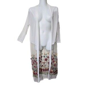 Highness Duster Womens S/M Open Kimono Sheer White Floral Embroidered Topper